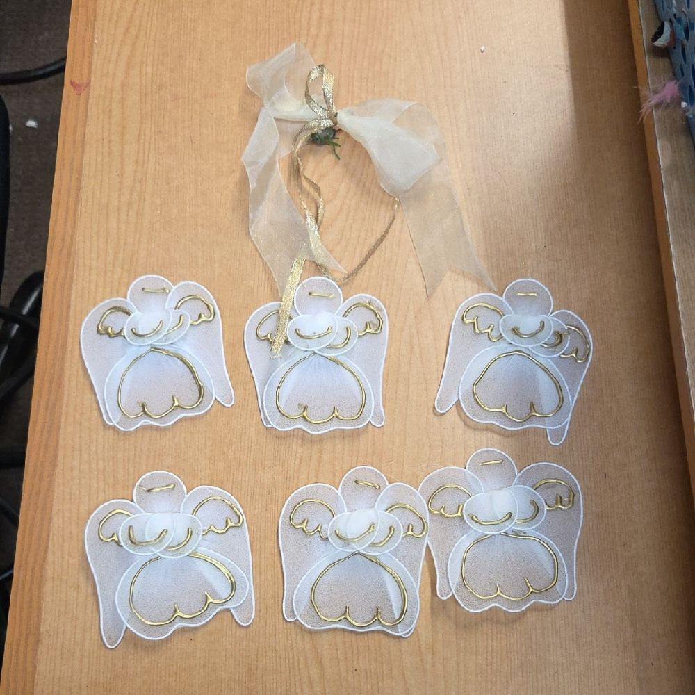 Vintage Tulle Nylon Wire Wrapped Angels Trimmed In Gold Set Of 6 Ornaments